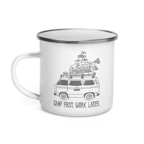 "Camp First, Work Later" Vanagon Enamel Mug - OVERLANDERS Outfitter