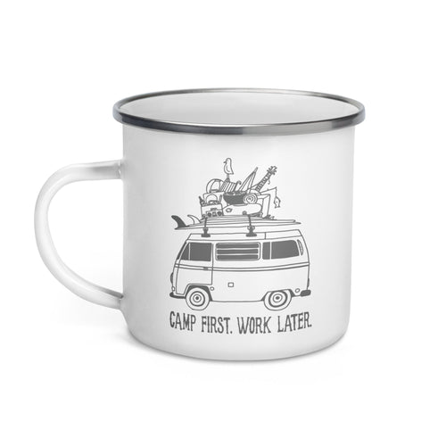 "Camp First, Work Later" Bus Enamel Mug - OVERLANDERS Outfitter