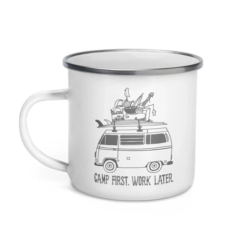 "Camp First, Work Later" Bus Enamel Mug - OVERLANDERS Outfitter