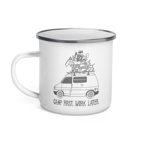 "Camp First, Work Later" Eurvoan Enamel Mug - OVERLANDERS Outfitter