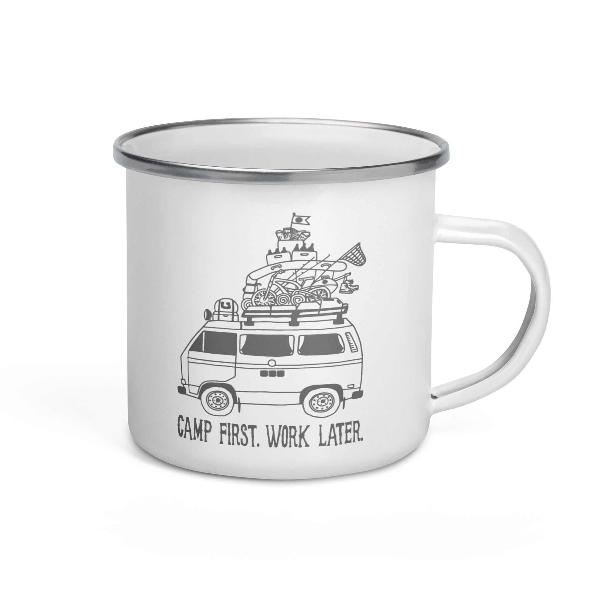 "Camp First, Work Later" Vanagon Enamel Mug - OVERLANDERS Outfitter