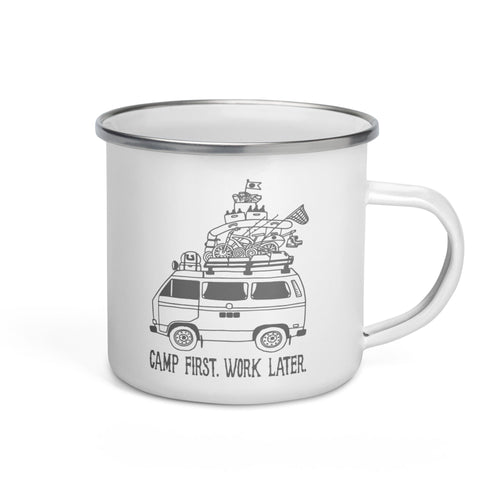 "Camp First, Work Later" Vanagon Enamel Mug - OVERLANDERS Outfitter