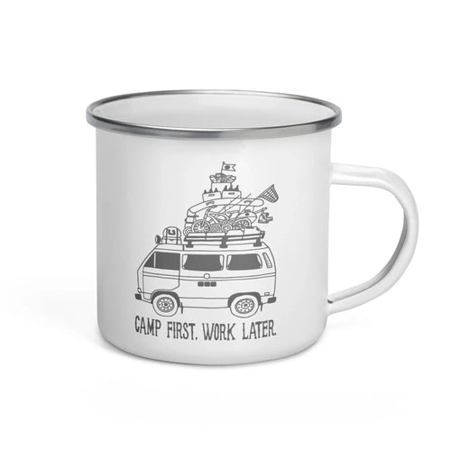 "Camp First, Work Later" Vanagon Enamel Mug - OVERLANDERS Outfitter