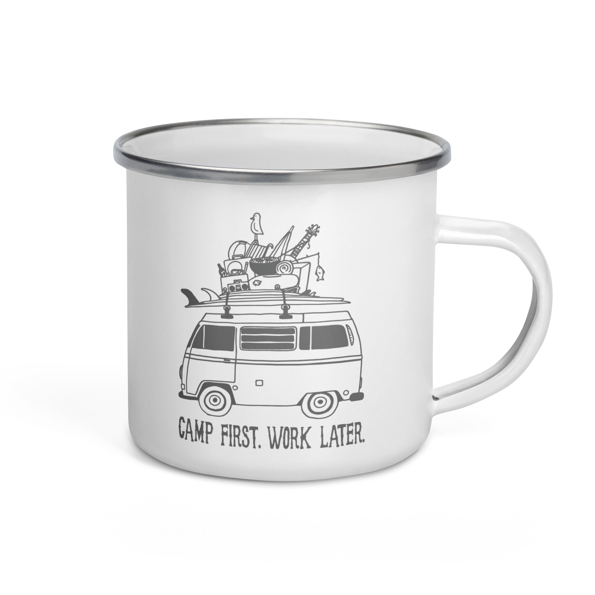"Camp First, Work Later" Bus Enamel Mug - OVERLANDERS Outfitter