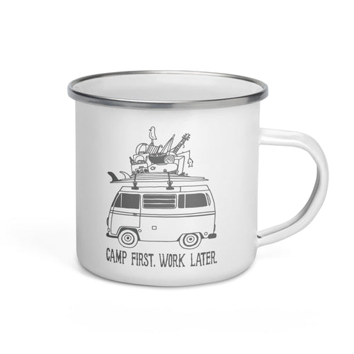 "Camp First, Work Later" Bus Enamel Mug - OVERLANDERS Outfitter