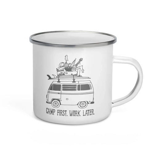 "Camp First, Work Later" Bus Enamel Mug - OVERLANDERS Outfitter