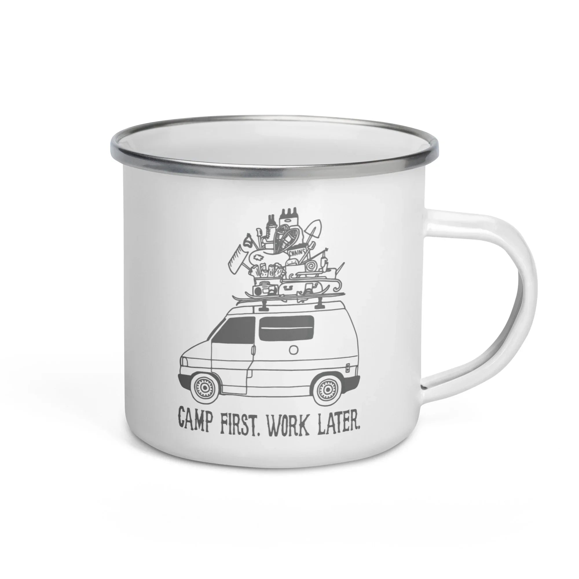 "Camp First, Work Later" Eurvoan Enamel Mug - OVERLANDERS Outfitter