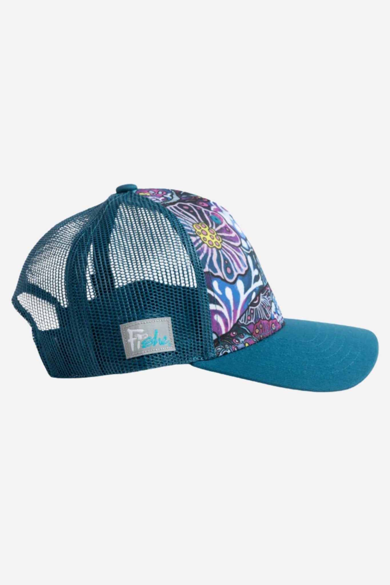 FisheWear Enchanted Grayling abstract trucker hat with a gray and black design, featuring a structured brim and mesh back.