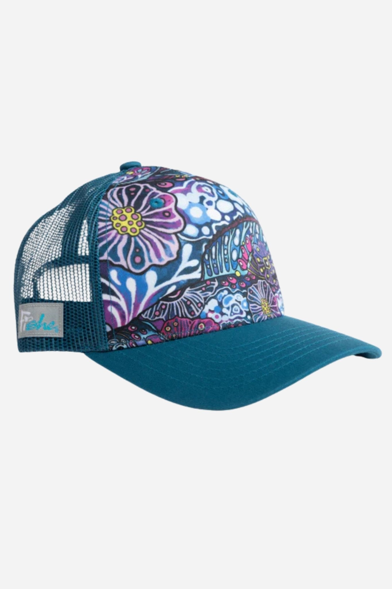 FisheWear Enchanted Grayling Abstract Trucker Hat featuring a colorful fish illustration and mesh back design.