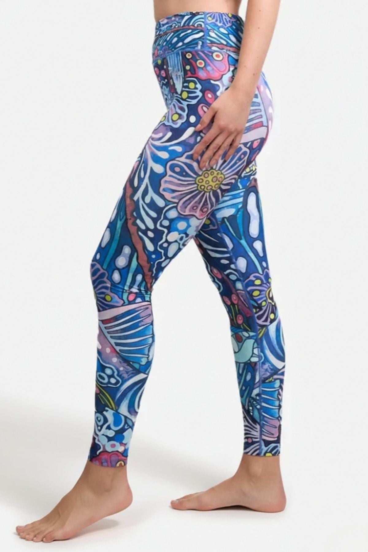 FisheWear Enchanted Grayling high-waisted leggings featuring a subtle gray and blue pattern and comfortable fit.