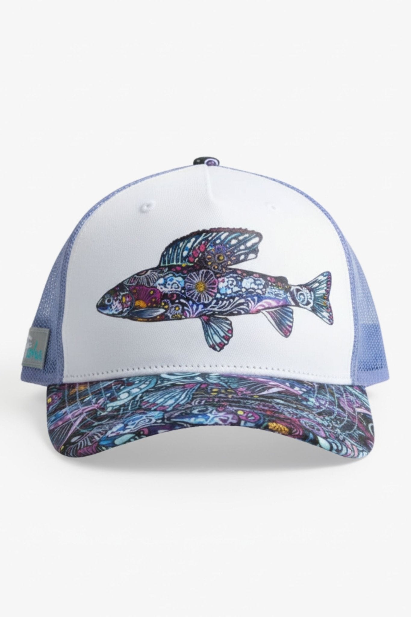 Gray Enchanted Grayling Trucker Hat by FisheWear featuring mesh back and embroidered fish design, casual outdoor headwear.