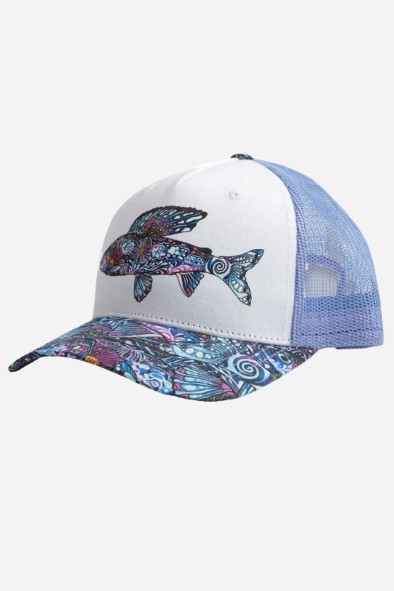 Gray Enchanted Grayling Trucker Hat by FisheWear featuring mesh back and embroidered fish design on the front.