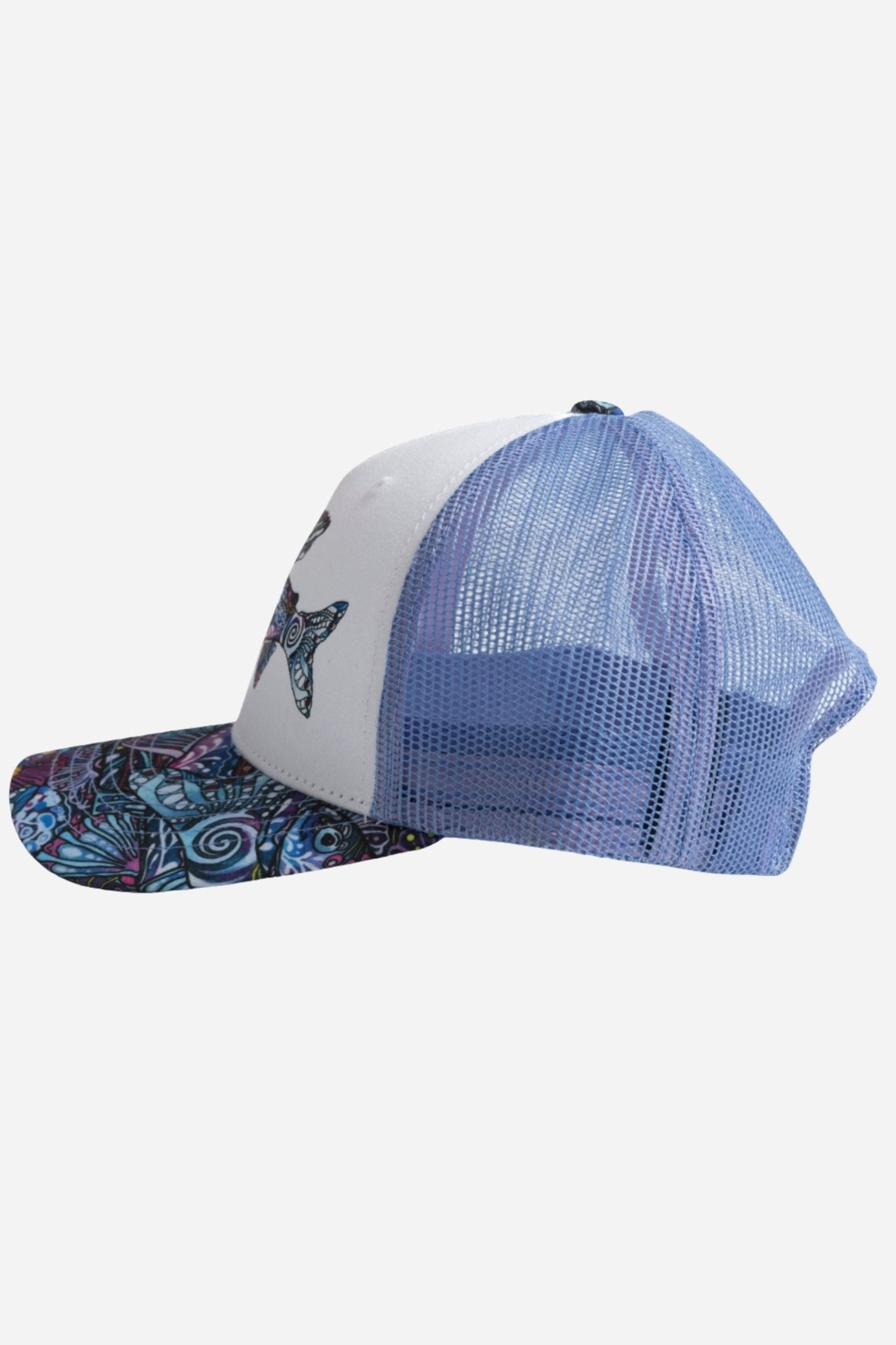 Gray Enchanted Grayling FisheWear trucker hat with mesh back and embroidered fish design, casual and stylish for outdoor wear.