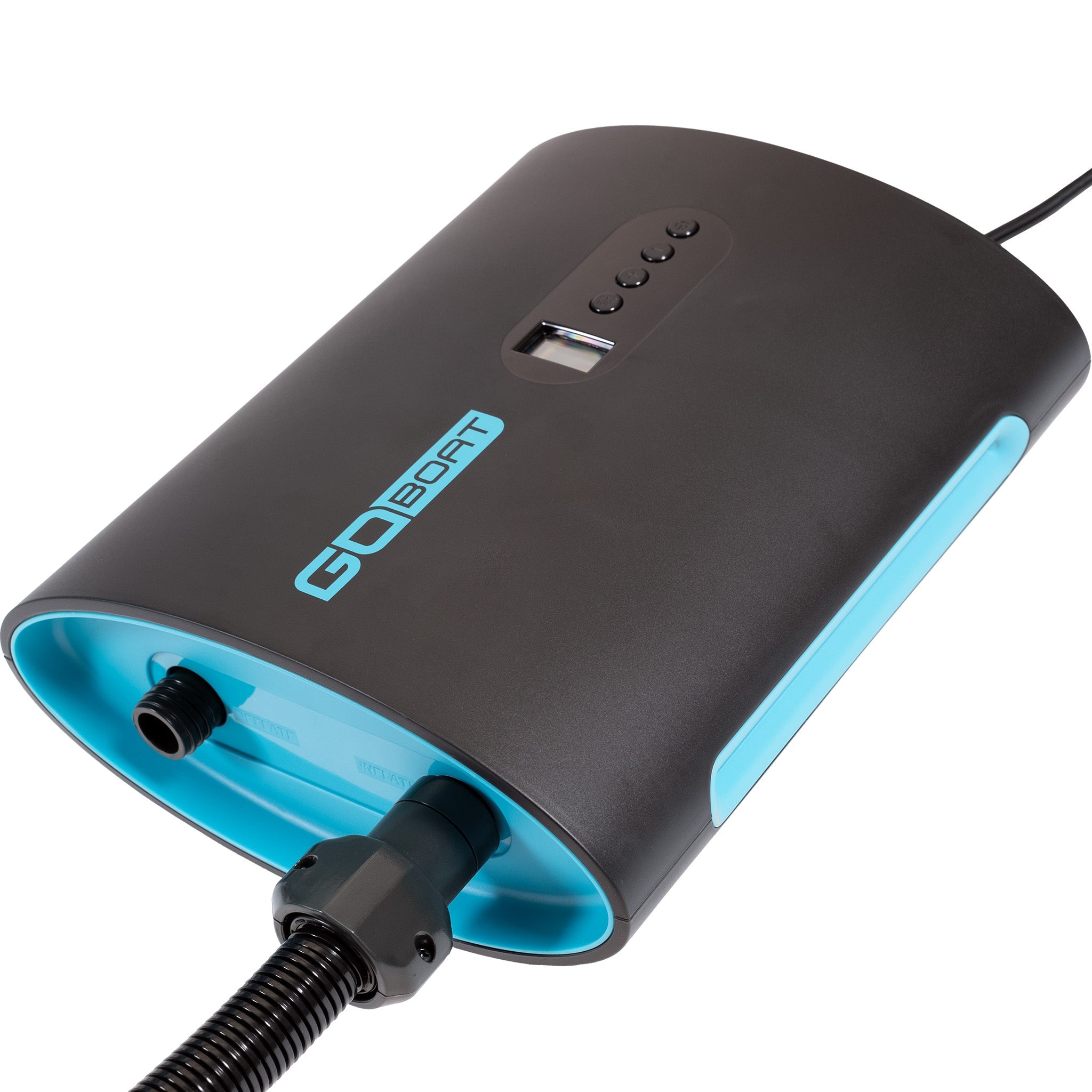 GoBoat high pressure electric air pump with digital display and nozzle attachments for inflating boats and inflatables.
