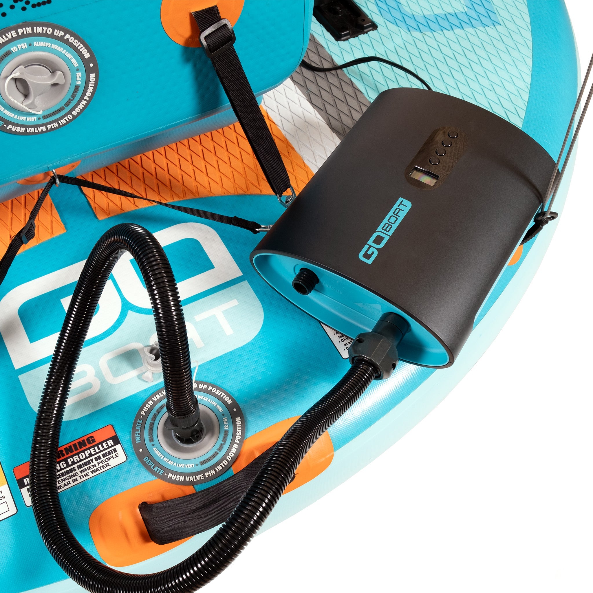 GoBoat electric high-pressure air pump with digital display for inflating boats and inflatables efficiently.