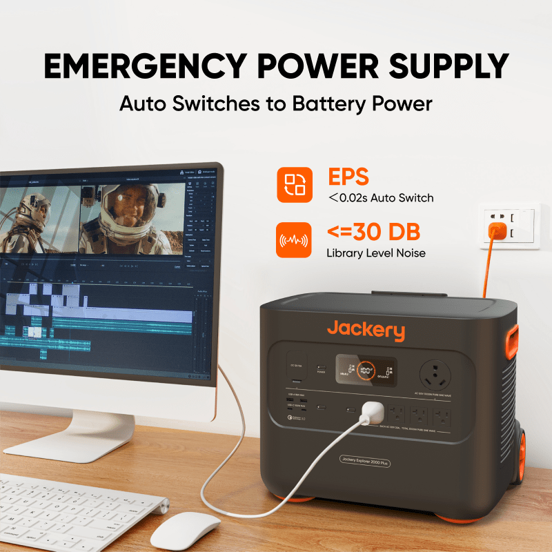 Jackery Solar Generator 2000 Plus with multiple power outlets and solar panel connection for portable off-grid energy.