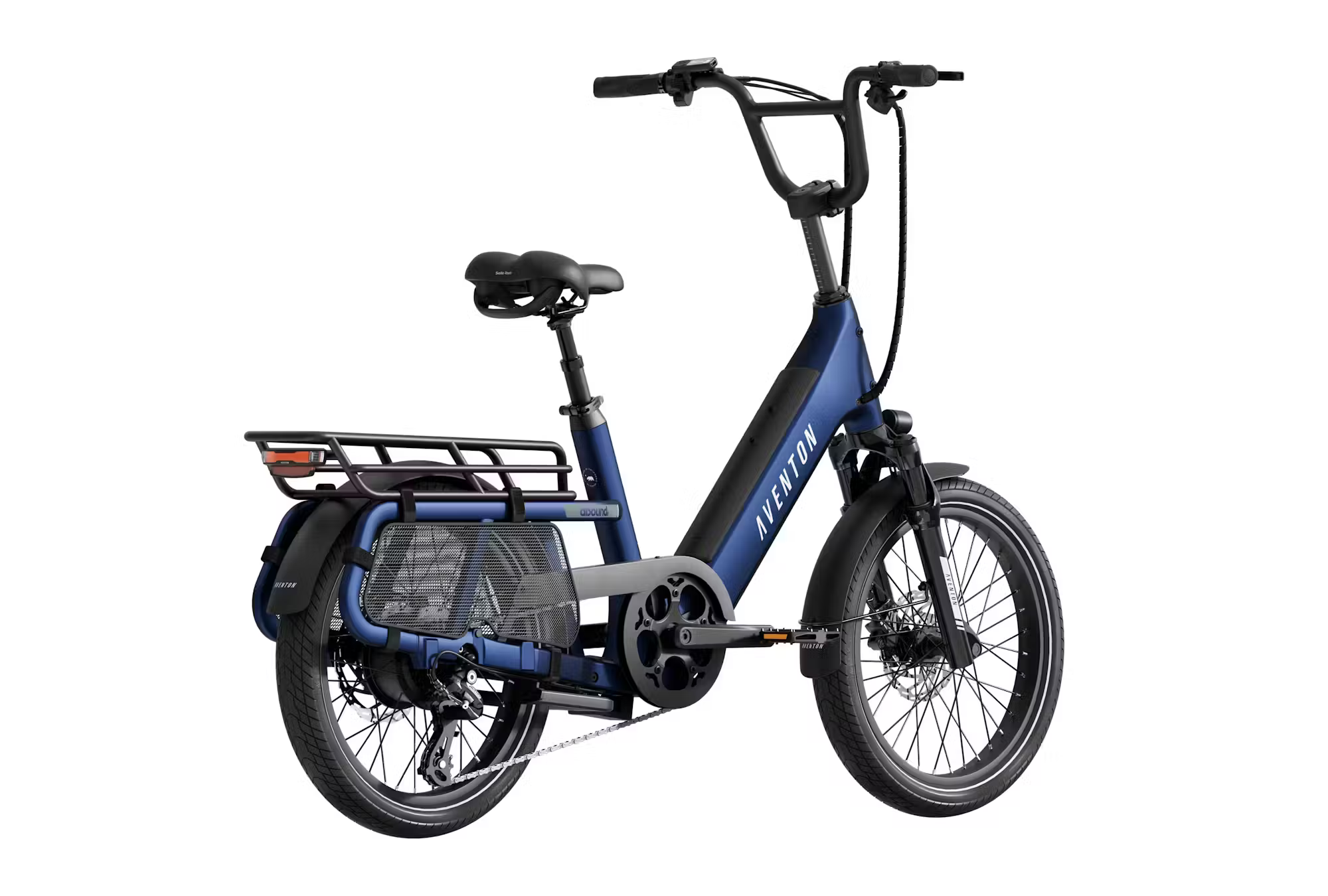 Rex E-Bikes Aventon Abound SR Cargo E-Bike with sturdy frame, cargo rack, and electric motor, shown from side view.