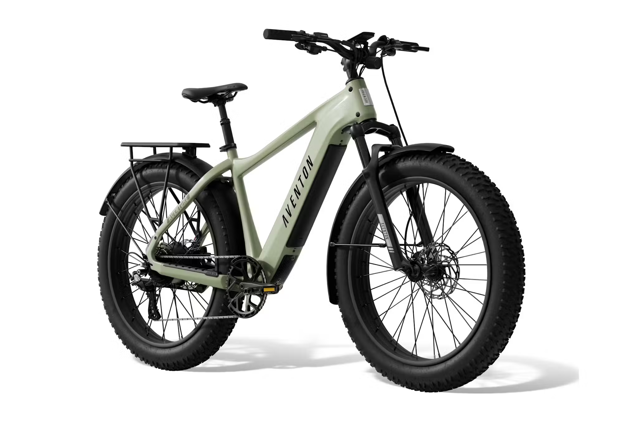Rex E-Bikes Aventon Aventure.3 e-bike step-over frame with silver finish and thick tires, ready for outdoor riding.