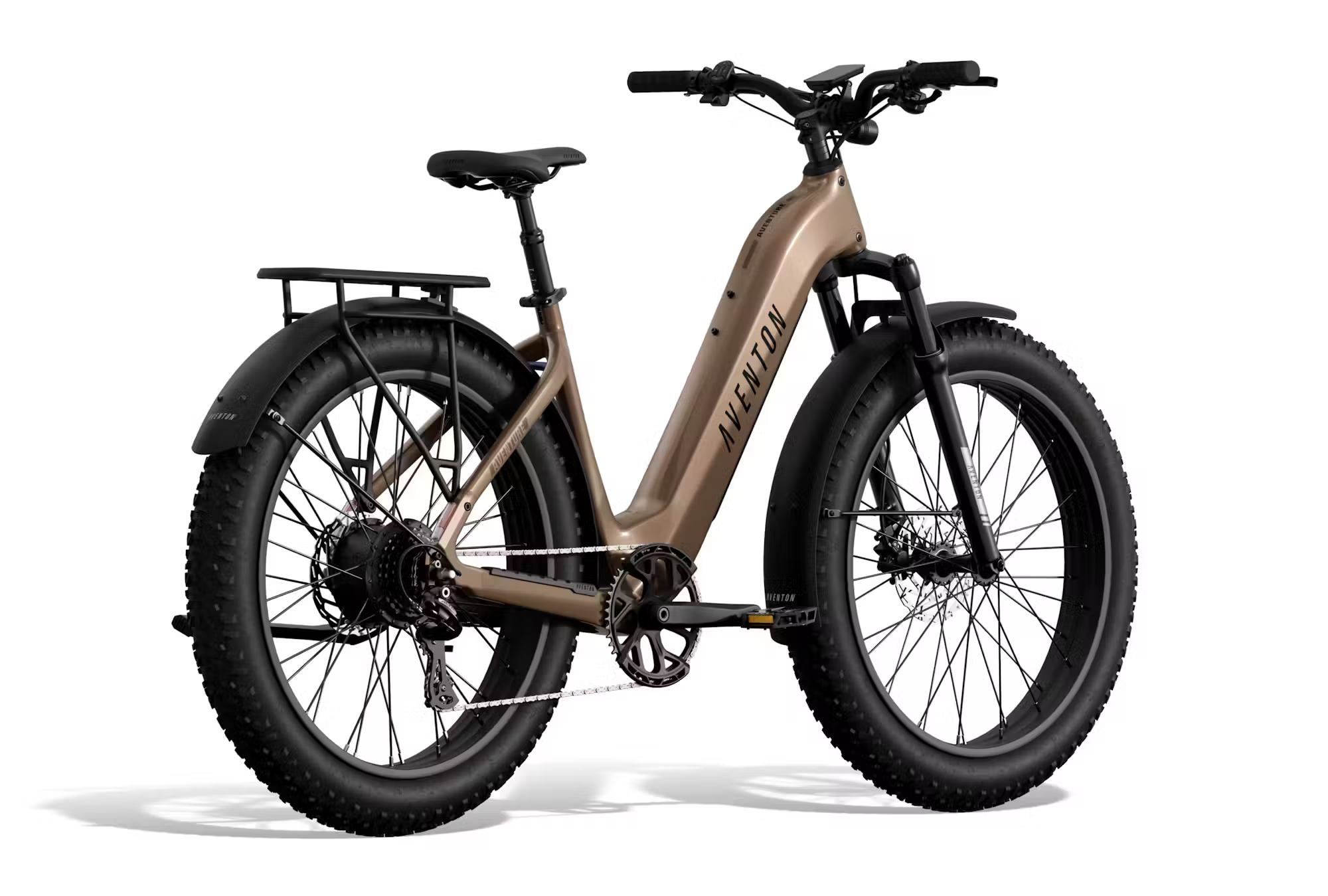Rex E-Bikes Aventon Aventure.3 E-Bike step-through frame with battery and motor, black and silver design, ready for urban riding.
