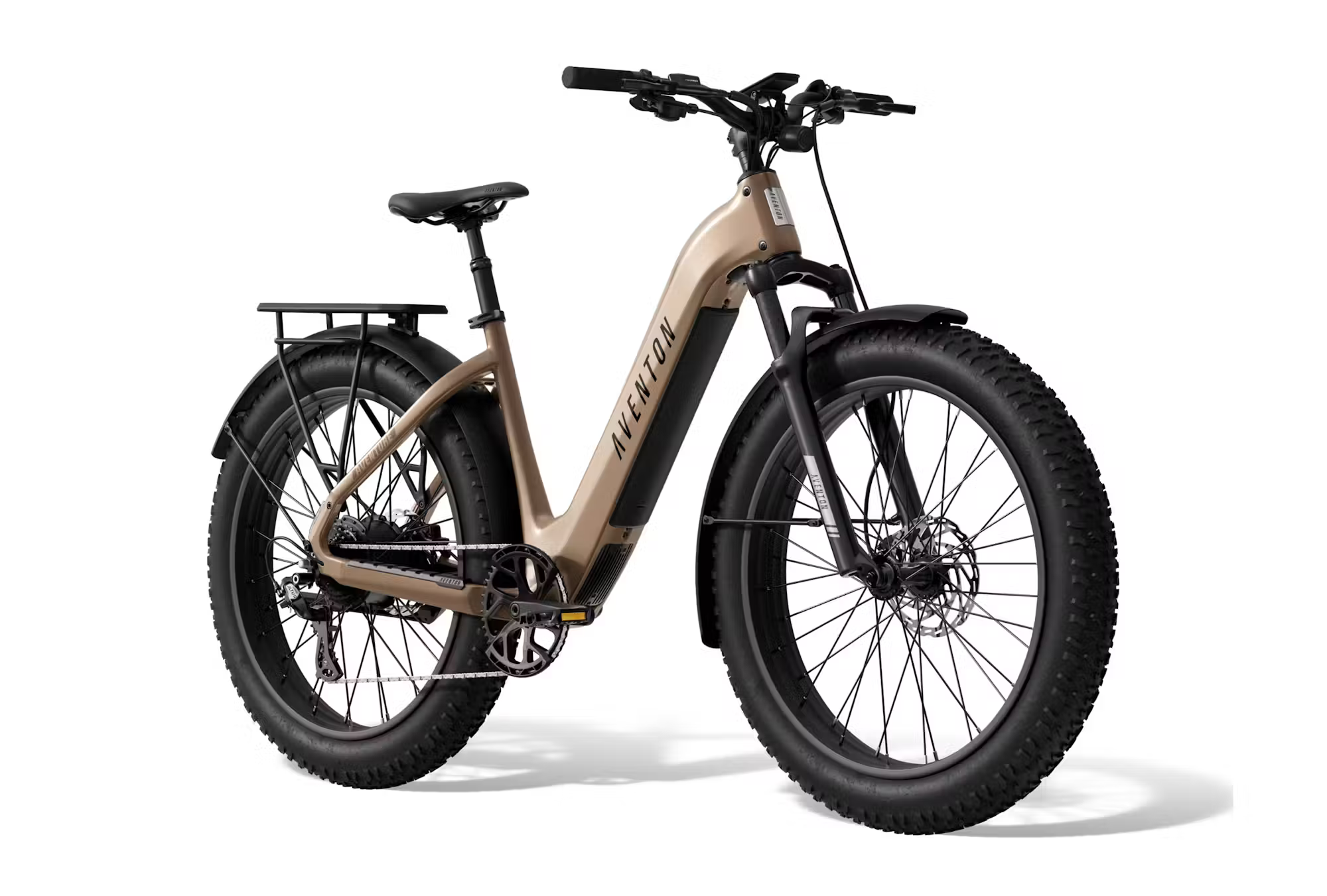 Rex E-Bikes Aventon Aventure.3 E-Bike step-through in black with sleek frame, handlebars, and battery integrated for comfortable riding.