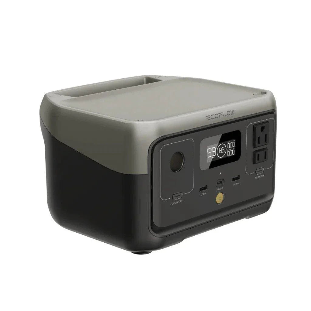 Green Vista Living EcoFlow RIVER 2 portable solar generator with handles and control panel, ideal for outdoor power needs.