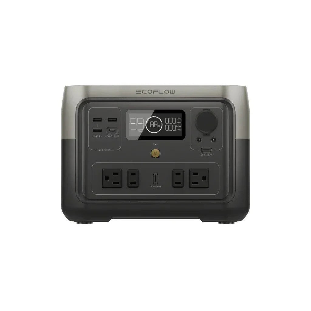 Green Vista Living EcoFlow RIVER 2 Max portable solar generator with multiple outlets and compact design for outdoor power needs.