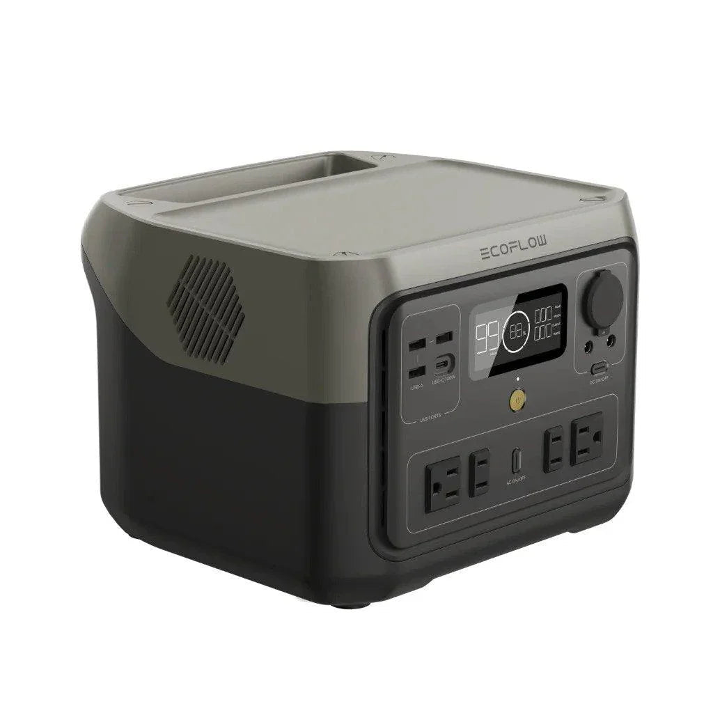 Green Vista Living EcoFlow RIVER 2 Max portable solar generator with multiple outlets and compact design for outdoor power.