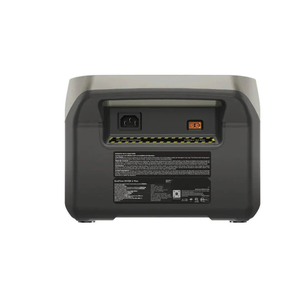 Green Vista Living EcoFlow RIVER 2 Max portable solar generator with solar panels and multiple output ports in outdoor setting.