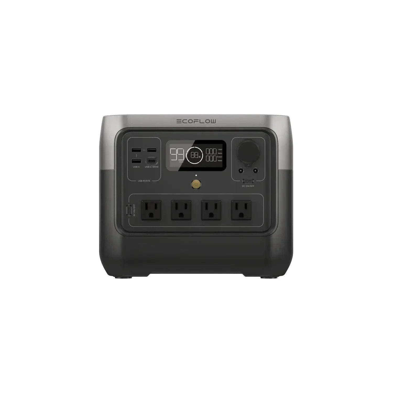 Green Vista Living EcoFlow RIVER 2 Pro portable solar generator with multiple outlets and compact design for outdoor power needs.