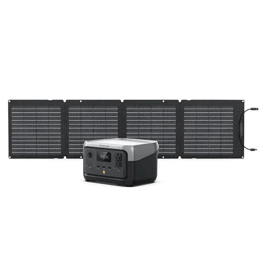 Green Vista Living EcoFlow RIVER 2 Pro portable solar generator with multiple outlets and compact design for outdoor power.