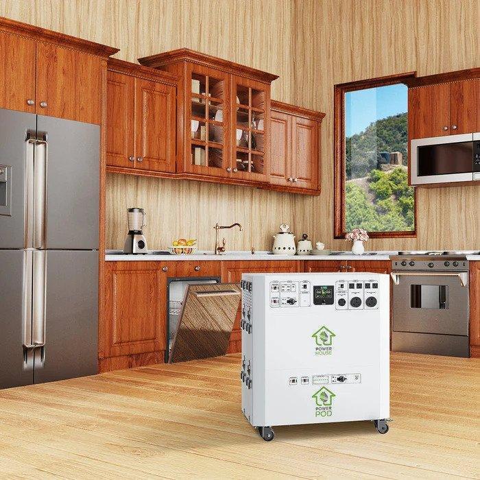 Green Vista Living Nature's Generator Powerhouse Platinum solar generator with multiple outlets and control panel in a home setting.