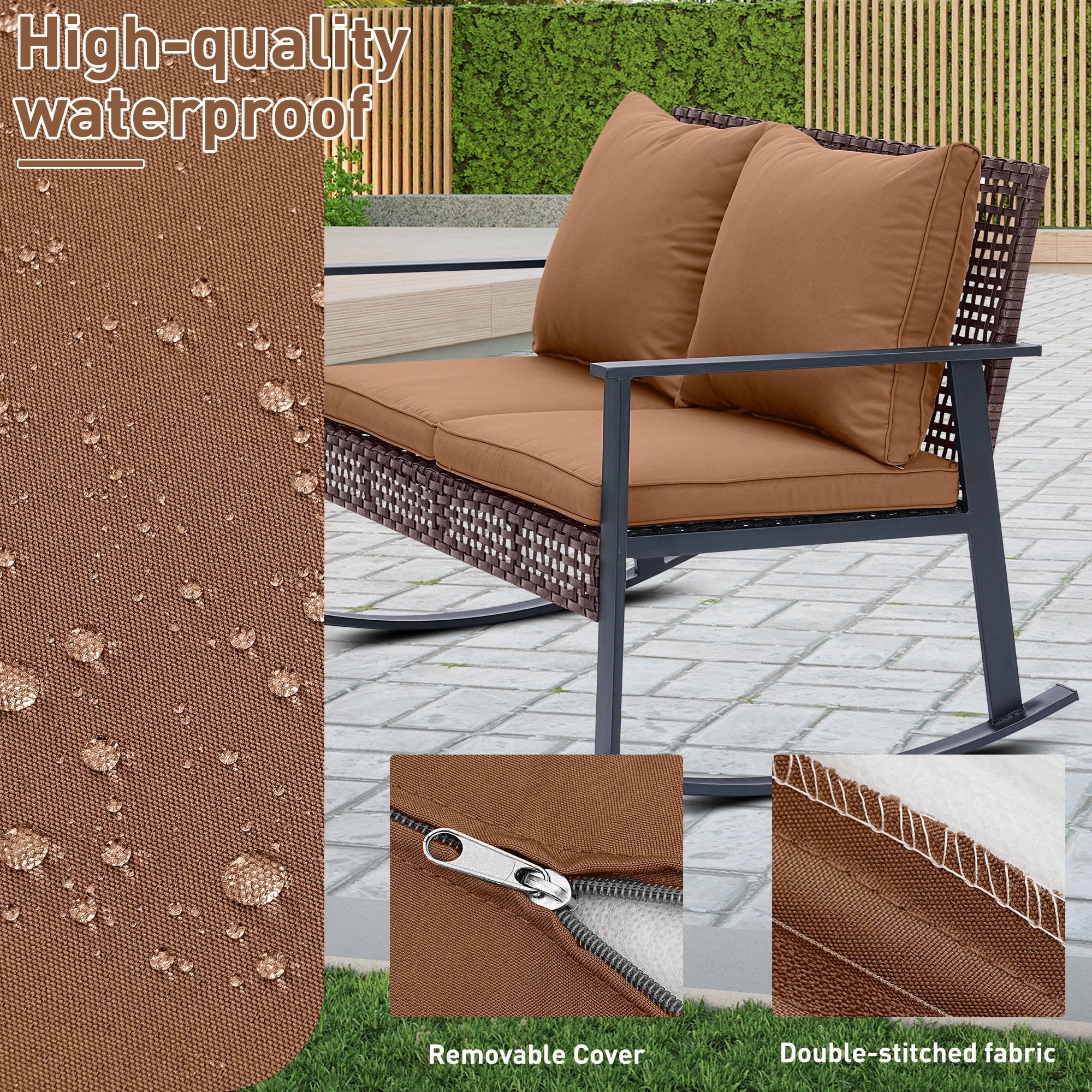 Ainfox Outdoor Patio Furniture Rocking Loveseat, Wicker Rattan Sofa