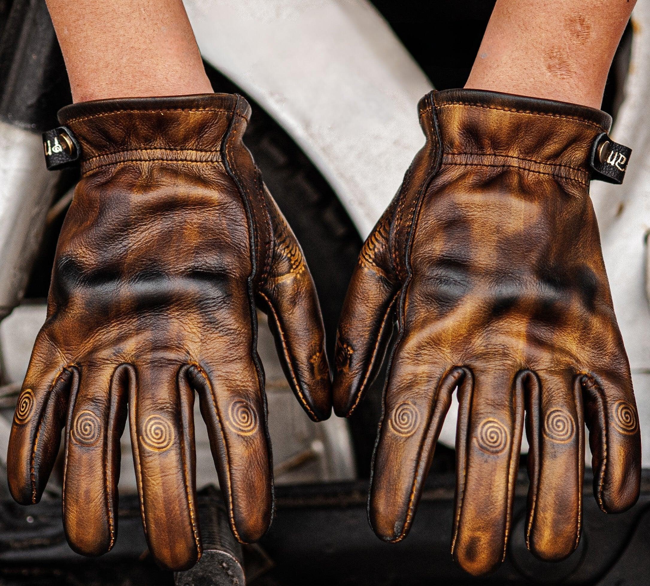 Indian Monkey™ handcrafted AAA cowhide motorcycle gloves with reinforced knuckles and detailed stitching, designed for rider protection.