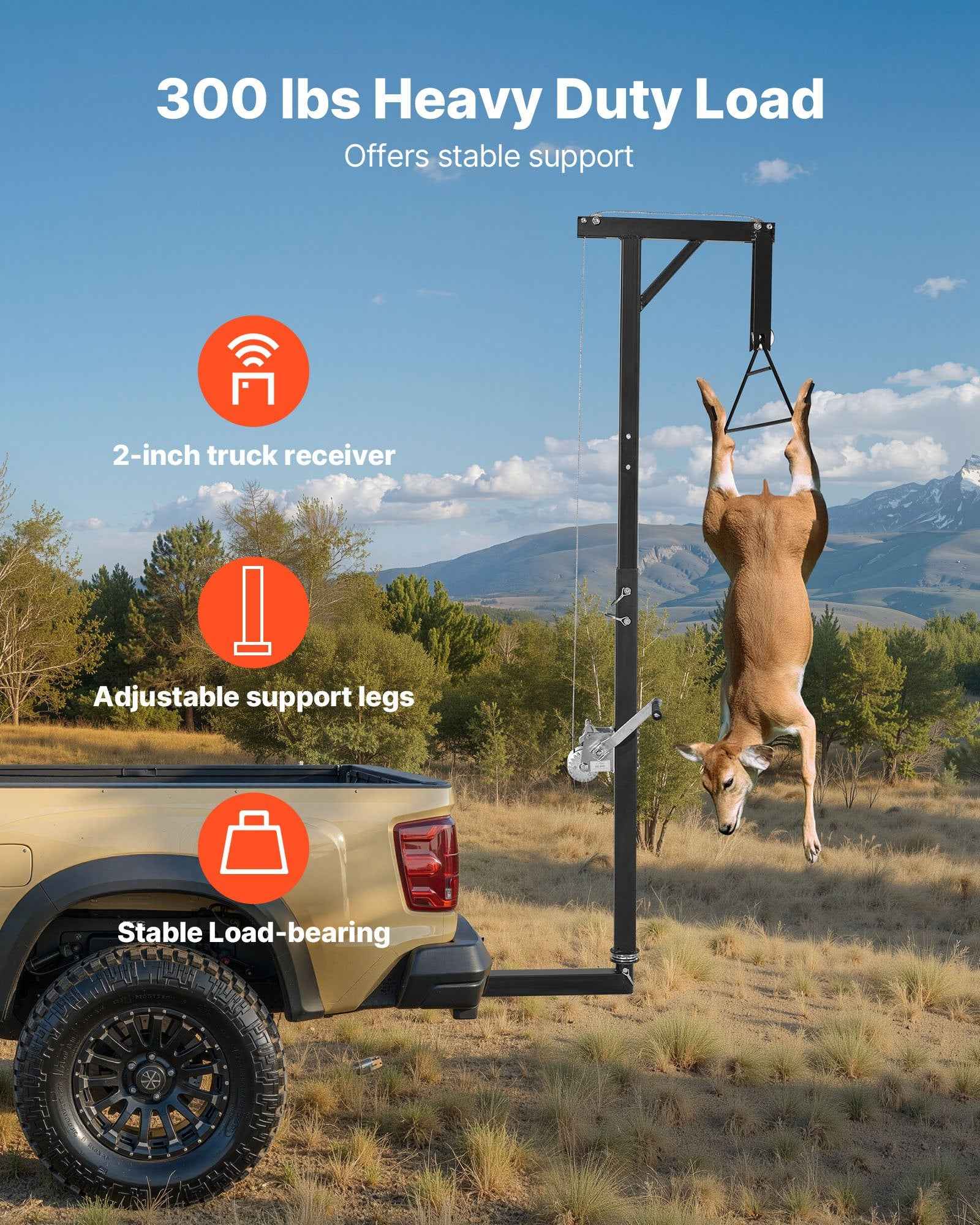 Truck Hitch Game Hoist, 300 Lbs Load Capacity, Hunting Deer Hoist With 2-inch Receiver, 360-Degree Swivel Shaft & Adjustable Height, Includes Gambrel Winch For Skinning & Cleaning Game - OVERLANDERS Outfitter