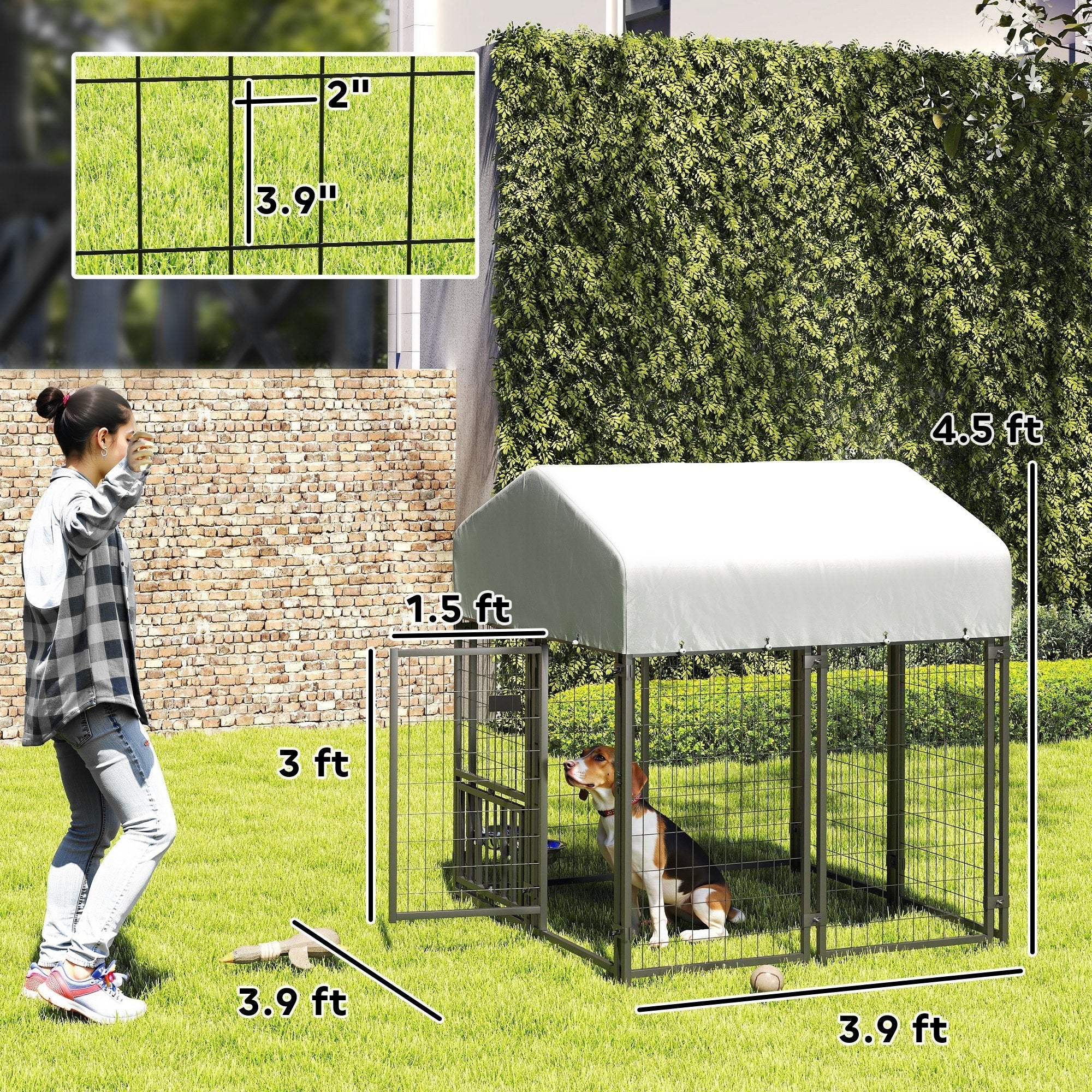 Welded Wire Dog Kennel with 360 Rotating & 4 Levels Adjustable Bowls, Waterproof Cover, 3.9 X 3.9 X 4.5 - OVERLANDERS Outfitter