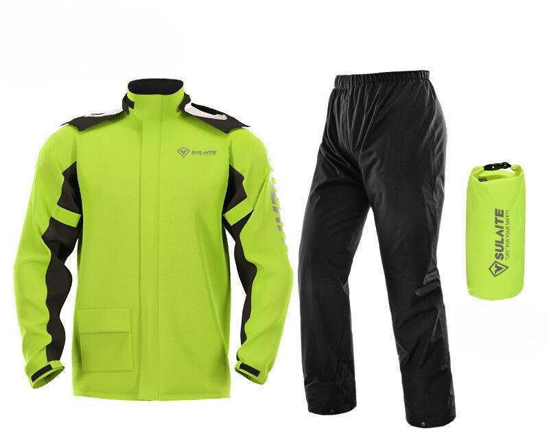 Bean's Moto Booth SULAITE™ split-type motorcycle raincoat suit in bright yellow, waterproof and windproof for rider protection.