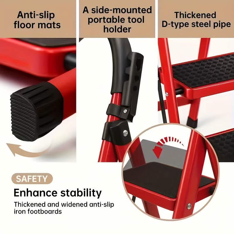 Portable steel folding 3/4-step ladder with anti-slip steps, ideal as a kitchen step stool or ladder for household use.
