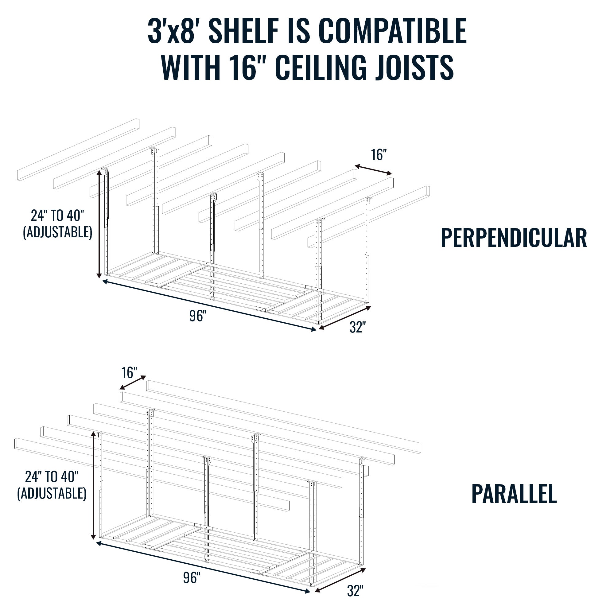 3' x 8' Faber Overhead Garage Shelving | Holds 700 lbs - OVERLANDERS Outfitter