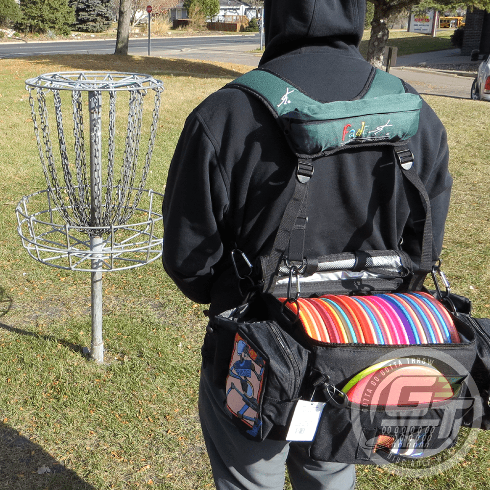 Fade Gear WeatherGuard suspenders for disc golf bag by Gotta Go Gotta Throw, with adjustable straps and durable construction.