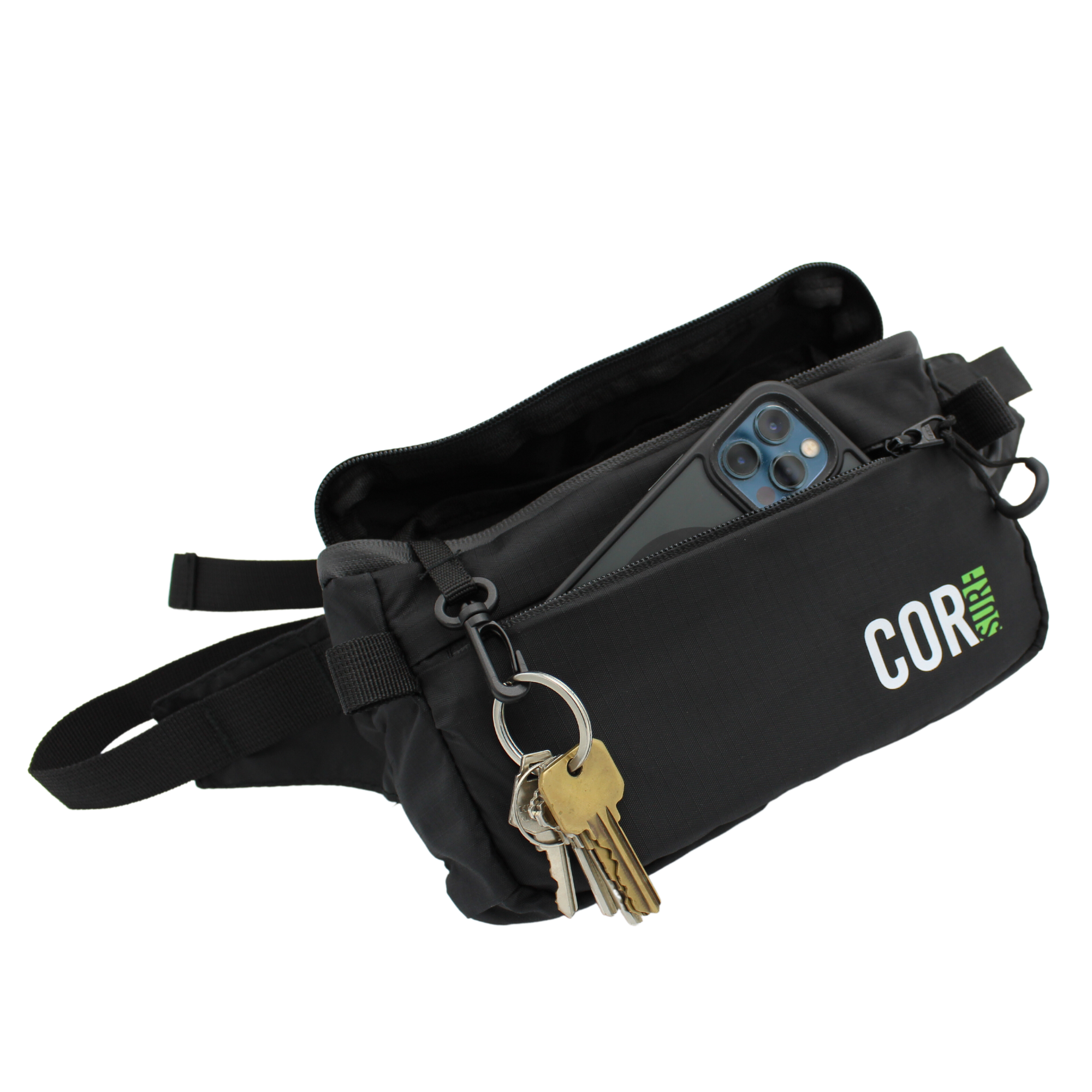 Black COR Surf Daily Cross-Body fanny pack open, showing key chain attachment and compact 1L storage for essentials.