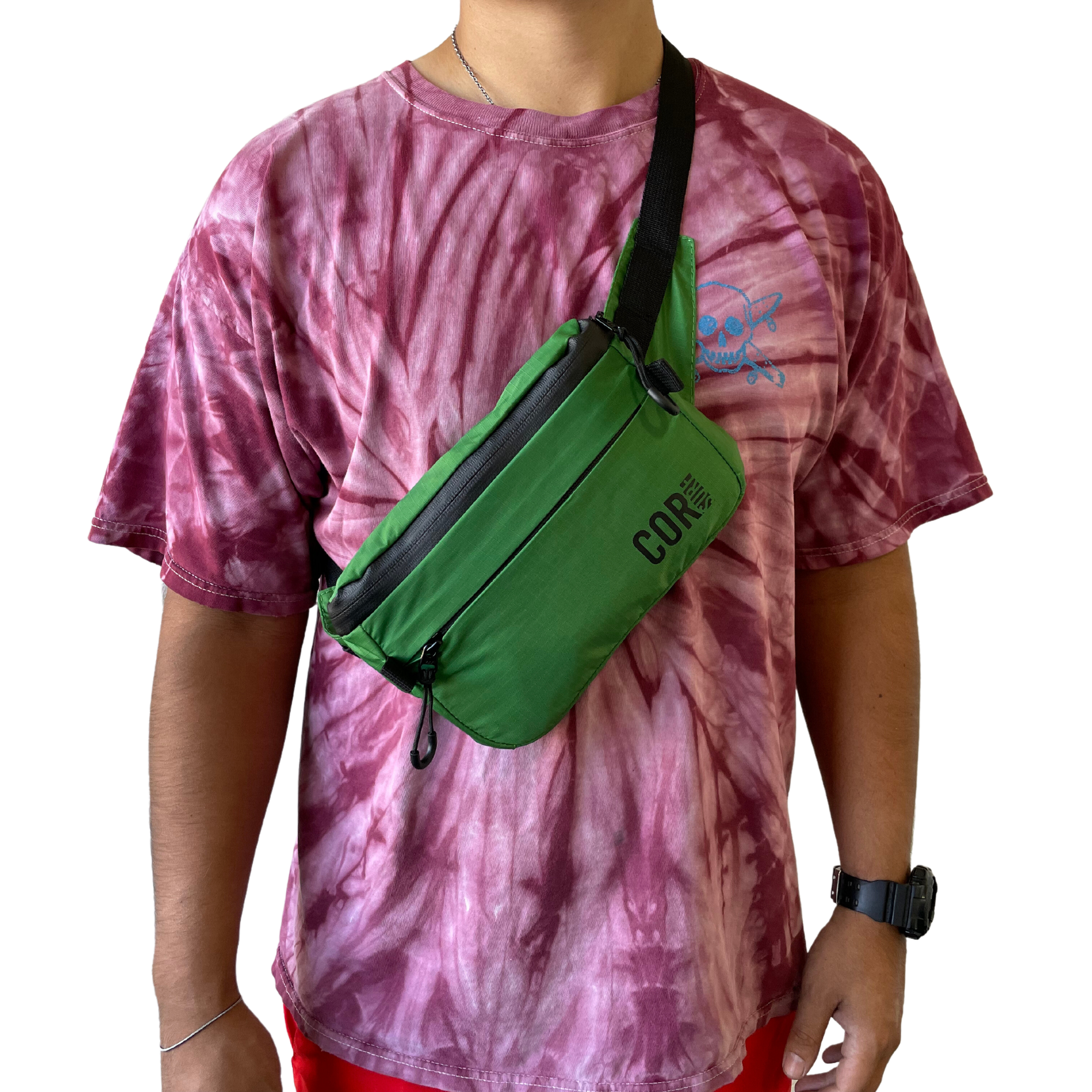 Green COR Surf Daily Cross-Body Hip Pack 1L fanny pack with adjustable strap and multiple compartments for convenient carrying.