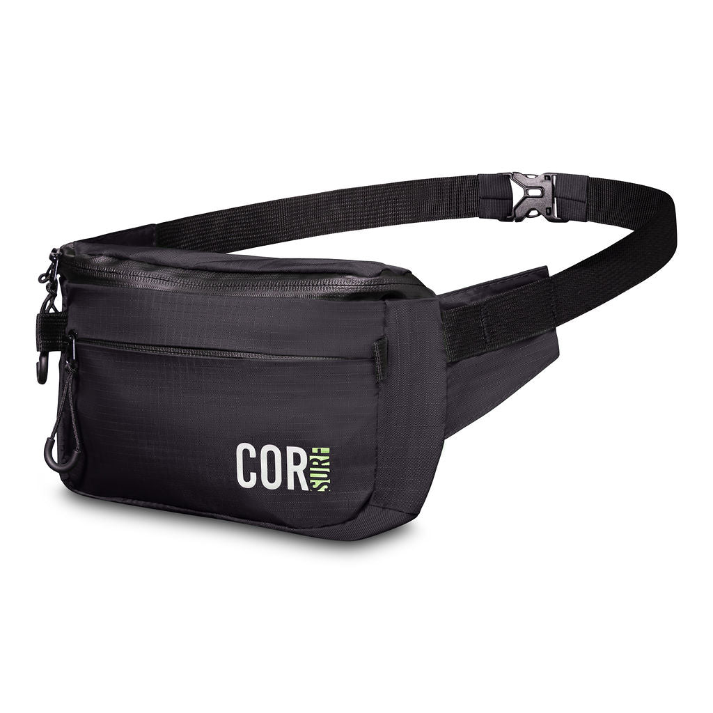 Black COR Surf Daily Cross-Body Hip Pack fanny pack with 1L capacity, worn around the waist for hands-free convenience