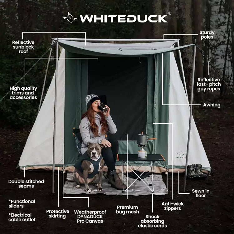 White Duck Outdoors 7x9' Prota Canvas Cabin Tent featuring durable fabric, spacious interior, and deluxe design for outdoor camping.