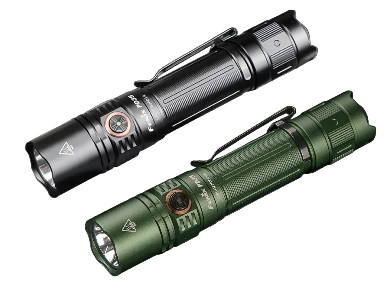 Fenix PD35 V3.0 tactical flashlight emitting bright white light, compact design, and textured grip for everyday carry.