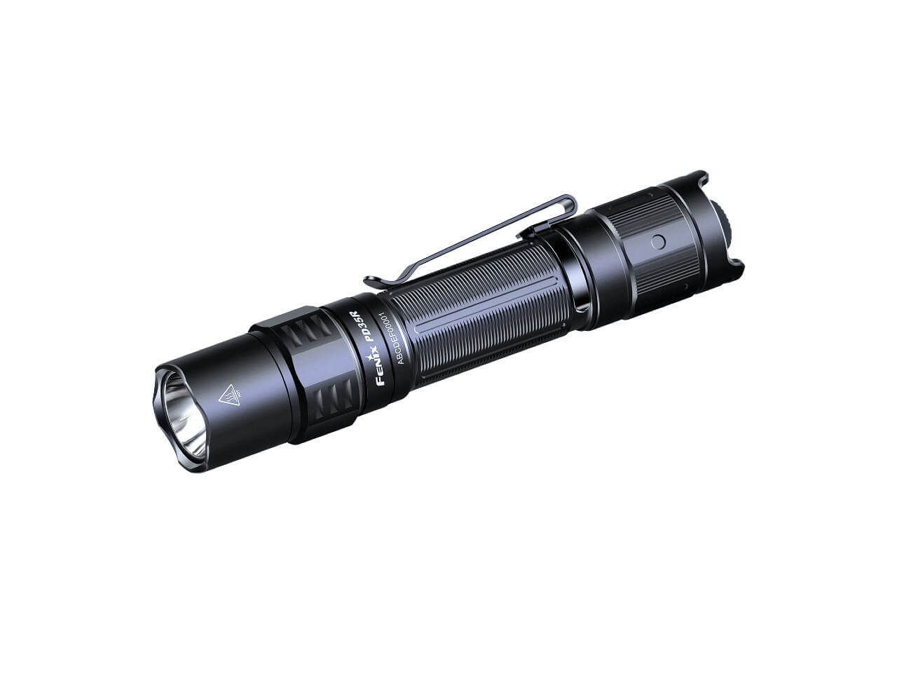Fenix PD35R compact rechargeable tactical flashlight with a sleek design and powerful beam in a dark environment.
