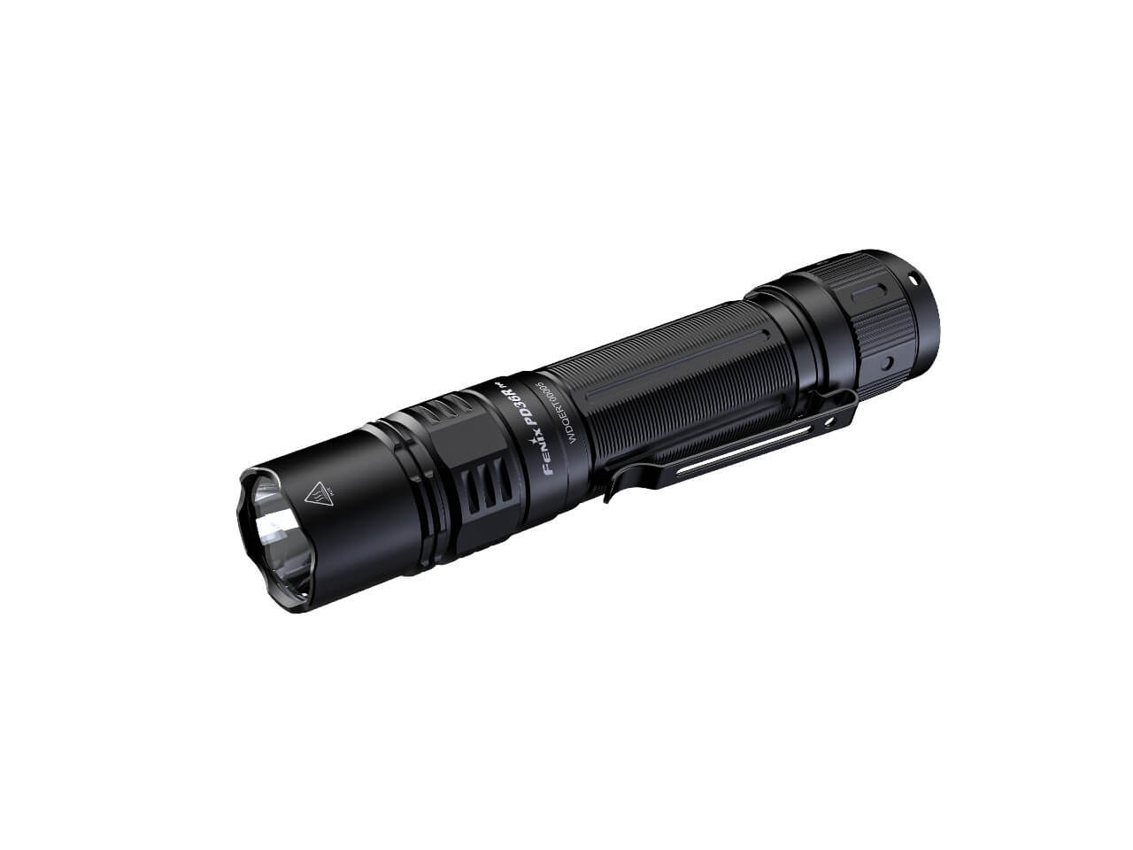 Fenix PD36R Pro tactical flashlight with 2800 lumens, black body, and textured grip, showing its compact, durable design.