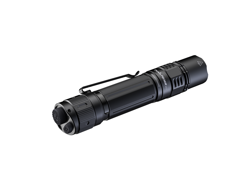 Fenix PD36R Pro tactical flashlight showing the back with textured grip and tail switch, 2800 lumens brightness.