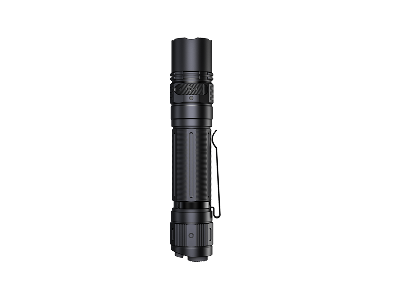 Fenix PD36R Pro tactical flashlight shown from the bottom, highlighting its durable body and rechargeable battery compartment.