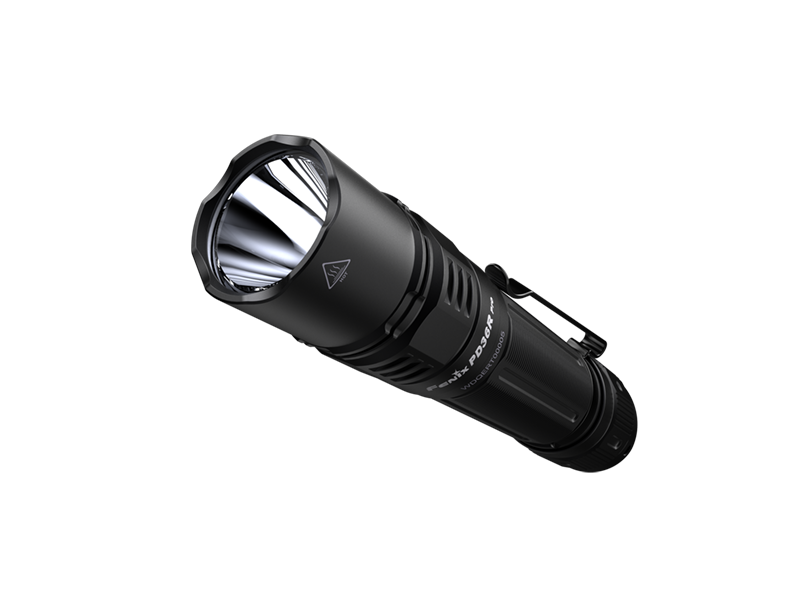 Fenix PD36R Pro tactical flashlight with front view, 2800 lumens, black body, and textured grip for durable outdoor lighting.