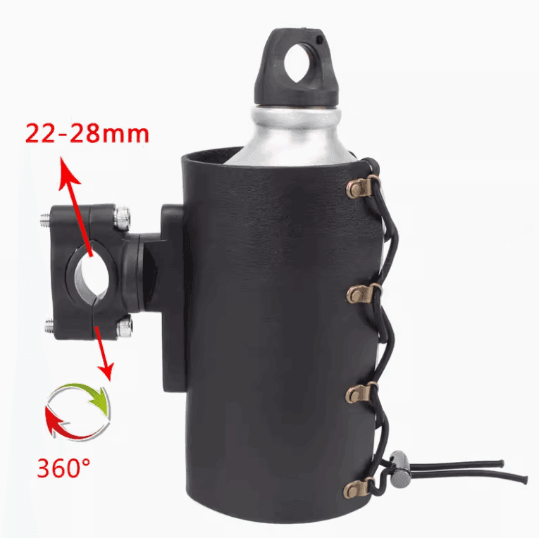 Vintage leather motorcycle cup holder from Bean's Moto Booth, designed as a stylish accessory for motorcycle handlebars.